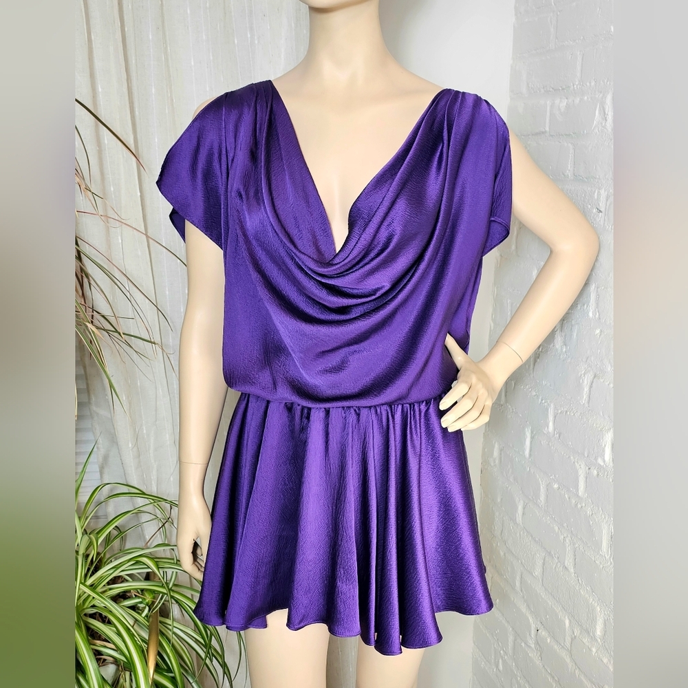 Black Halo Satin Cowl Neck Mini Dress Purple Size 8 NWOT Designer Cocktail Dress